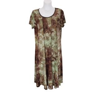 Sami Jo Vintage Shift Dress Short Sleeve Pleated Floral Brown Green Womens 1X